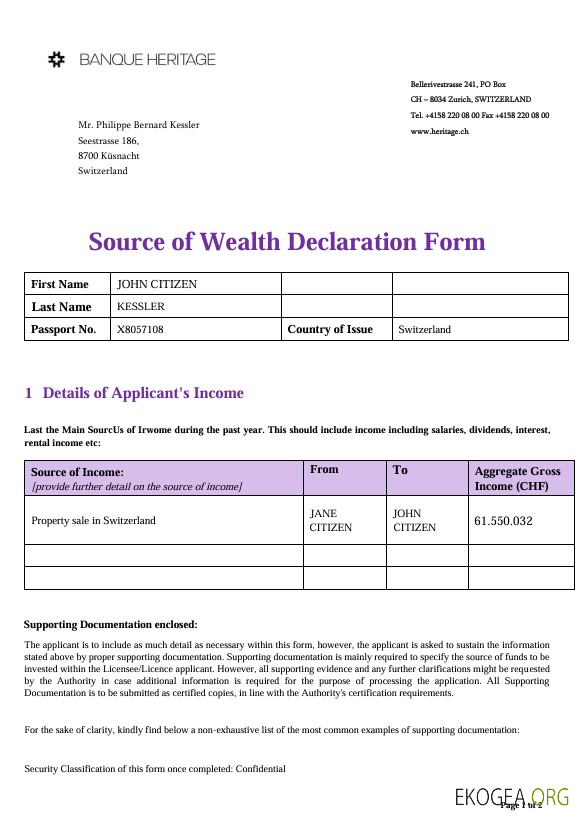 Suisse Source de Déclaration de Patrimoine Heritage Bank